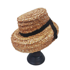 Vintage Straw Raffia Sun Hat Wide Brim Black Ribbon Bow Beige Tan 1960's